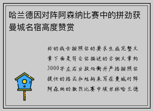 哈兰德因对阵阿森纳比赛中的拼劲获曼城名宿高度赞赏