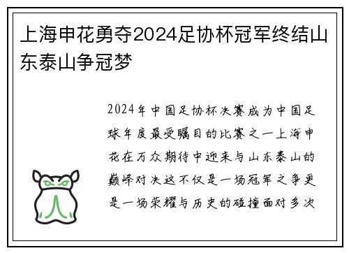 上海申花勇夺2024足协杯冠军终结山东泰山争冠梦 上海申花勇夺2024足协杯冠军终结山东泰山争冠梦